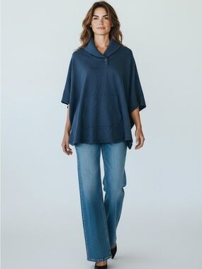 Lauren Ralph Lauren Navy Blue Poncho Sweater XS/S Shawl Collar Cozy Chic